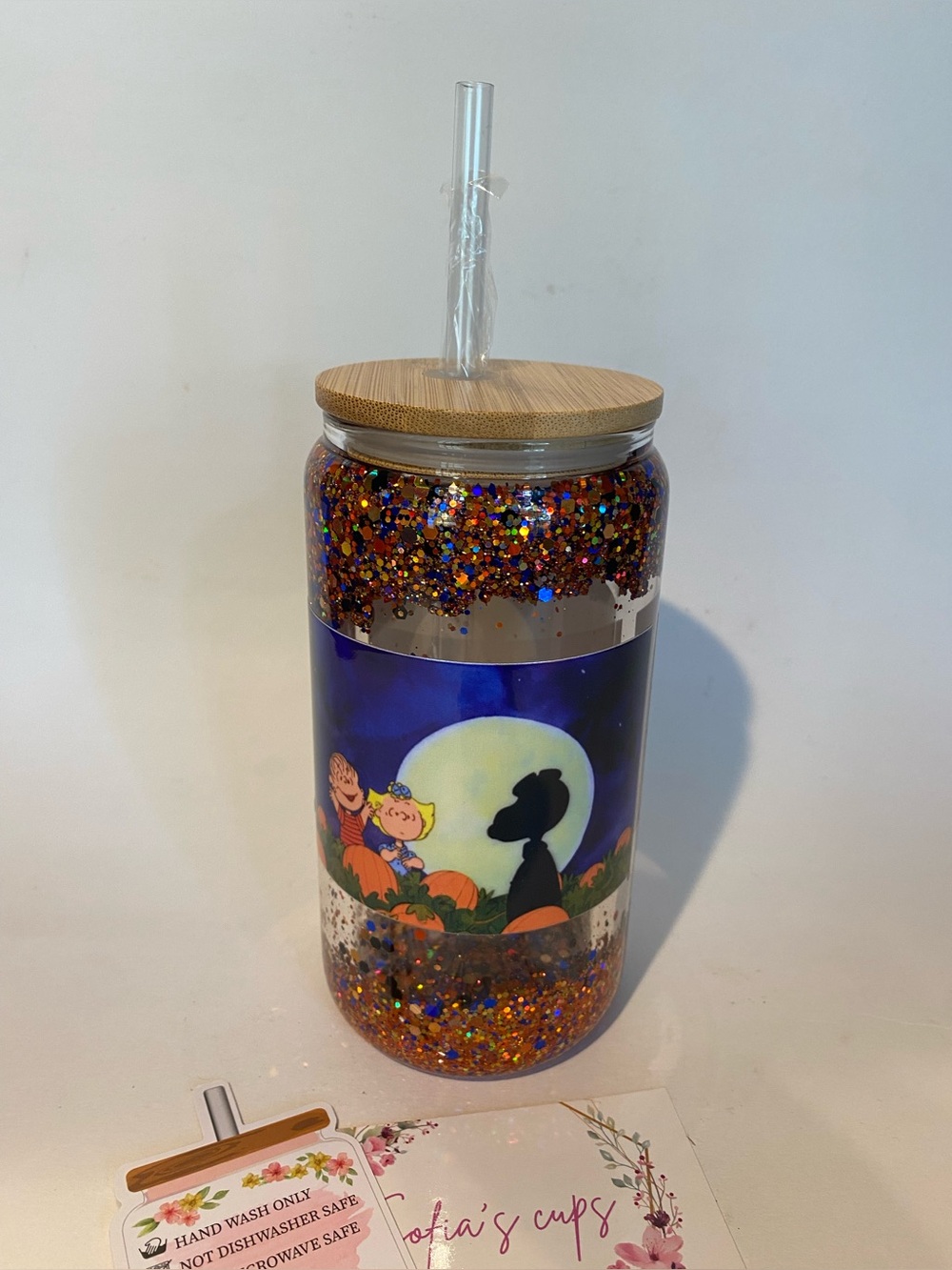 “Great Pumpkin” Glitter Glass Cup 16oz Halloween Tumbler Bamboo Lid Glass Straw